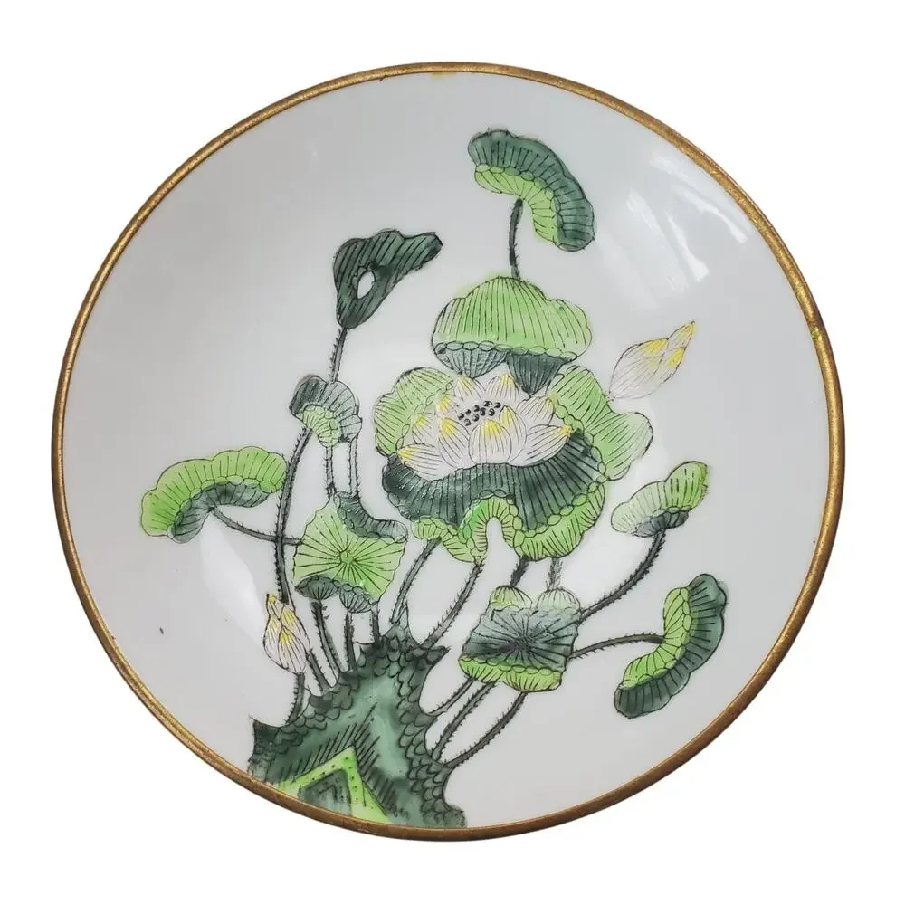 Vintage ACF Japanese Porcelain Ware Bowl Metal Encased 5 3/4” Floral Green MCM